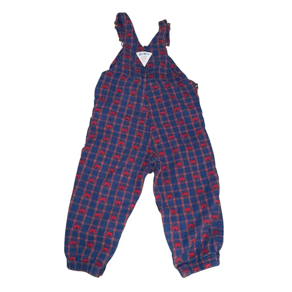 Vintage OshKosh B’Gosh Vestbak 90’s Navy Red Wagon Print Baby Boy’s Overalls 24M